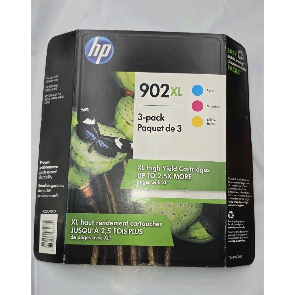 HP 902XL Ink 3-Pack Cyan Magenta Yellow OS New Open Box High Yield T0A41BN